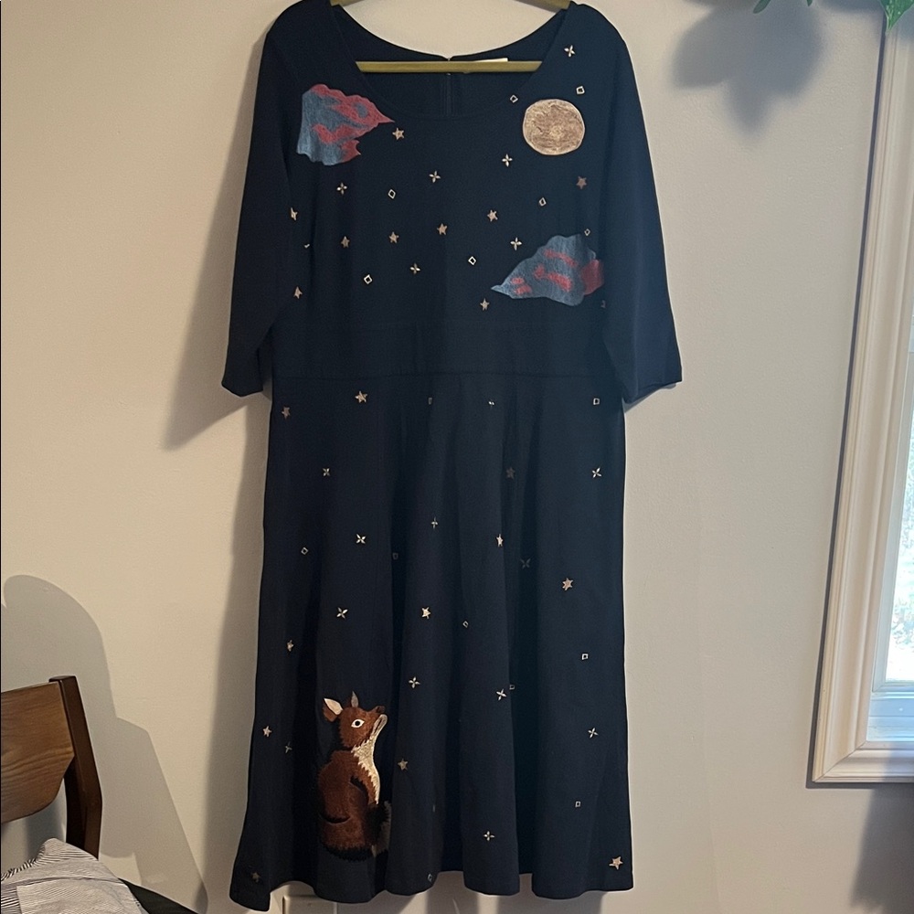 Navy Dress cotton with Fox and Moon Embroidered Design, size 2x